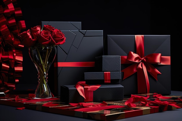 Ustawienia 3D dla pudełek upominkowych z okazji Czarnego Piątku, kwiaty w kontrastujących kolorach