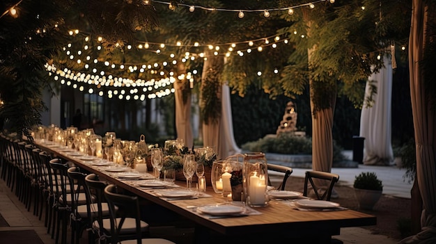 Ustawienia stołowe z światłami wiszącymi nad nimi na weselu na świeżym powietrzu