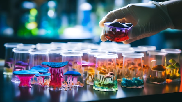 ustawienie laboratoryjne z przezroczystą szalką Petriego zawierającą żywe, kwitnące kolonie grzybów