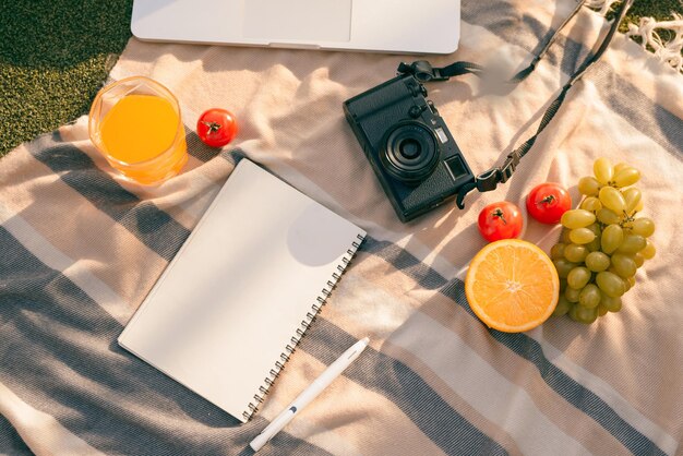 Ustawienie piknikowe na stole zewnętrznym ze świeżymi owocowymi aparatami do laptopów