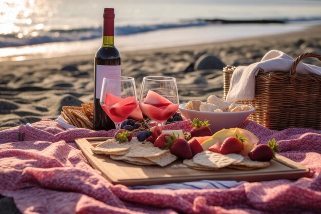 Ustawienie pikniku na plaży z przekąskami z sangrii i kocem stworzonym z generatywnego AI