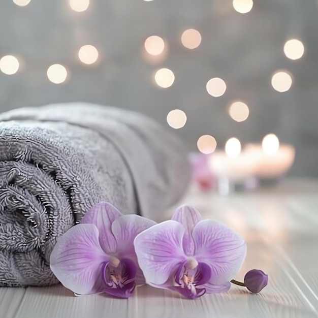 Zdjęcie ustawienie spa z kwiatami, orchidee, świecą lub ręcznikiem na drewnianym stole w salonie masażowym, nowoczesny salon spa