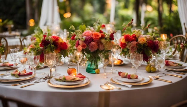Ustawienie stołu na przyjęcie weselne z kwiatami i świecami