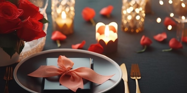 Ustawienie stołu na romantyczny obiad w restauracji ciemne tło AI generowane