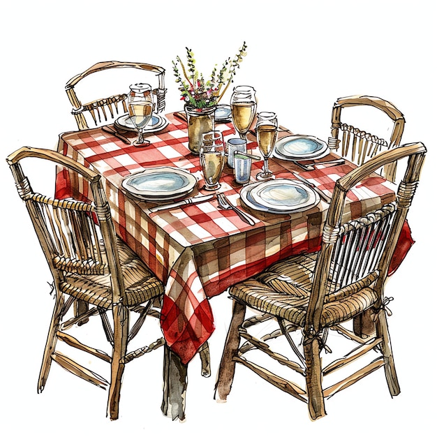 Ustawienie stołu obiadowego z czerwonym i białym szafkowym obrusem na stole to zestaw różnych potraw