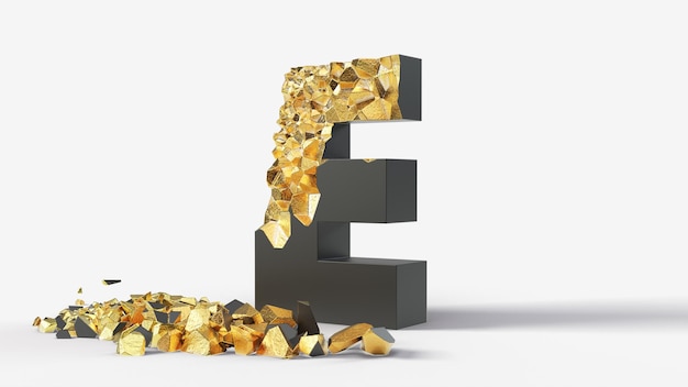 Uszkodzona czarna litera E odsłania złoto w środku. ilustracja 3d, odpowiednia do pisania na maszynie, listów i motywów alfabetu.
