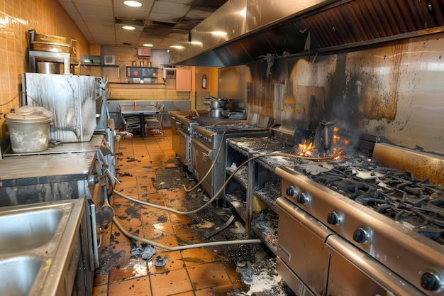 Uszkodzona kuchnia po pożarze w restauracji z spalonym sprzętem