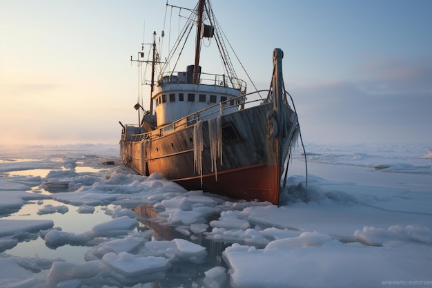 Zdjęcie utknęły statek uwięziony w zamarzniętym lodzie
