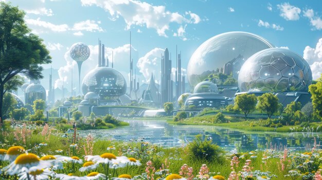 Utopiczny futurystyczny krajobraz miejski z zielonymi krajobrazami i architekturą
