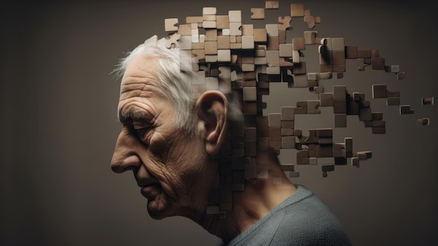Zdjęcie utrata pamięci z powodu demencji starszy mężczyzna tracący części głowy jako symbol zmniejszonej funkcji umysłu