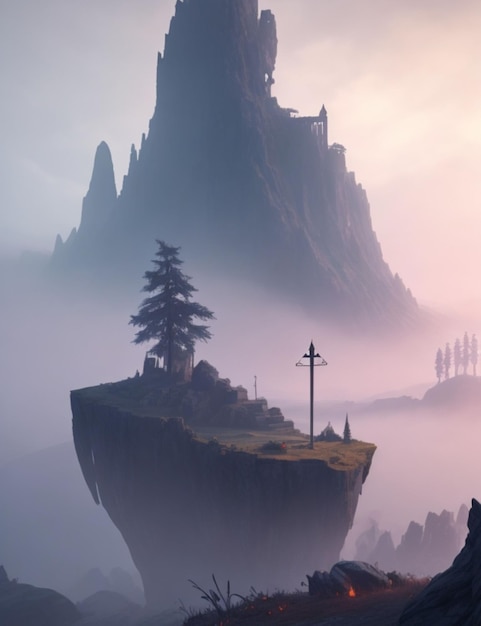 Utwórz grafikę koncepcyjną gry przedstawiającą mglisty krajobraz, łącząc modele 3D i zasoby gry