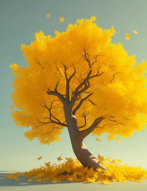 Utwórz żywy render 3D drzewa z jasnożółtymi liśćmi i fantazyjnym abstrakcyjnym stylem