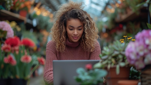 Uważna przedsiębiorczyni z kręconymi włosami używająca laptopa w botanicznym otoczeniu