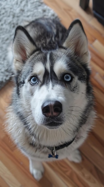 Uważne husky syberyjskie czekają na miłość przy misce z jedzeniem