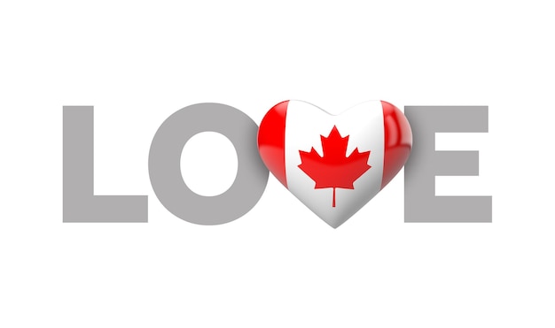Uwielbiam flagę kanady w kształcie serca z renderowaniem słowa d miłości