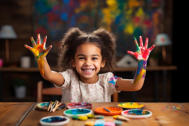 Uwielbiana dziewczynka przy swoim stole w domu z kolorowymi rękami