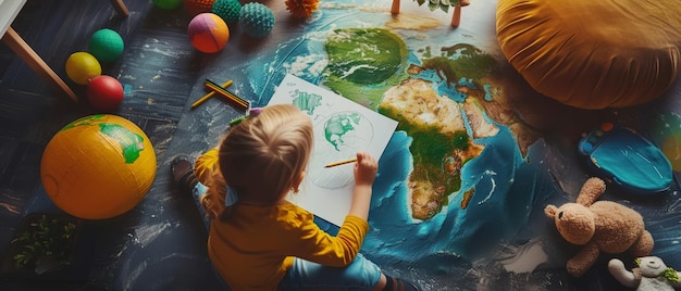 Zdjęcie uwielbiana dziewczynka rysuje naszą zieloną planetę, bawiąc się w domu na podłodze. wyobraża sobie naszą planetę jako szczęśliwe miejsce z zrównoważonym życiem.