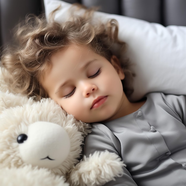Zdjęcie uwielbiana dziewczynka śpi z zabawką w łóżku.