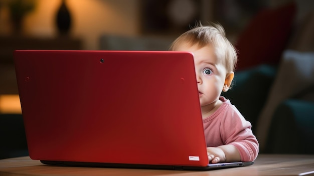 Zdjęcie uwielbiana dziewczynka używająca czerwonego laptopa w domu w salonie