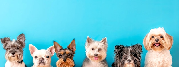 Zdjęcie uwielbiana grupa małych ras psów pozujących razem na niebieskim tle