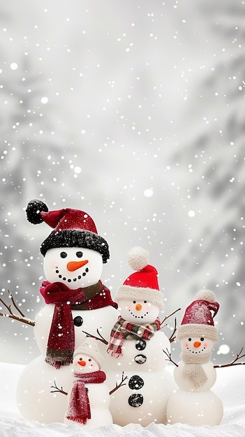 Uwielbiana i szczęśliwa rodzina śnieżaków na świątecznym śniegu