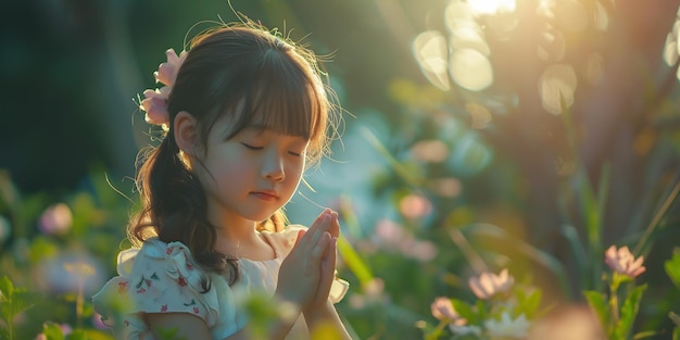 Zdjęcie uwielbiana mała azjatycka dziewczyna modląca się w ogrodzie duchowość i religia