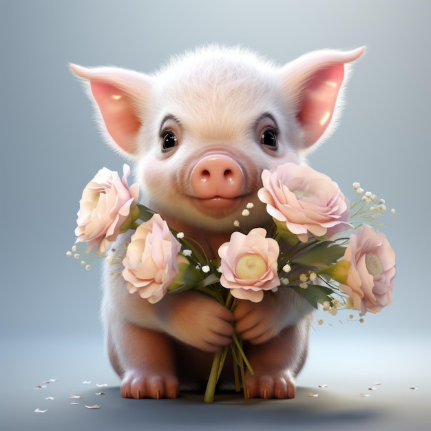 Zdjęcie uwielbiana mała świnka z daisy i teddy clipart na białym tle generowana przez sztuczną inteligencję