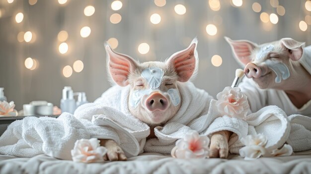 Uwielbiana świnia spa urocza i rozpieszczona świnia ciesząca się relaksującymi zabiegami spa urokliwa i zachwycająca scena zdrowia zwierząt i odpoczynku idealna do pokazania relaksu i uroczości