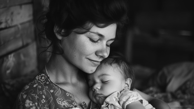 Uwielbiane czarno-białe zdjęcie słodkiego dziecka spokojnie śpiącego obok matki uchwycające delikatne chwile matczynej miłości i więzi w ponadczasowym monochromatycznym portretie