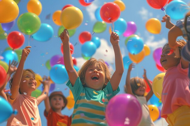 Zdjęcie uwielbiane dzieci bawiące się kolorowymi balonami