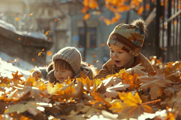 Uwielbiane dzieci bawiące się w jesiennych liściach