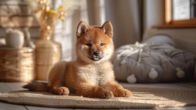 Uwielbiane dziecko Shiba Inu na drewnianej podłodze w sypialni Shiba Inus to japońskie psy, które są najpopularniejszymi psami na świecie