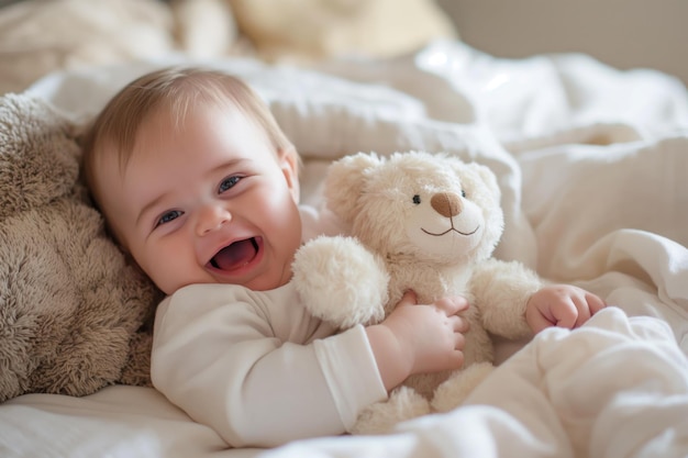 Uwielbiane dziecko śmieje się, przytulając miękkiego pluszowego misia w przytulnym łóżku