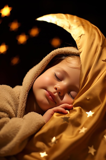 Zdjęcie uwielbiane dziecko śpiące z kopią przestrzeni marzycielskiego księżyca i błyszczących gwiazd w pionowej kompozycji