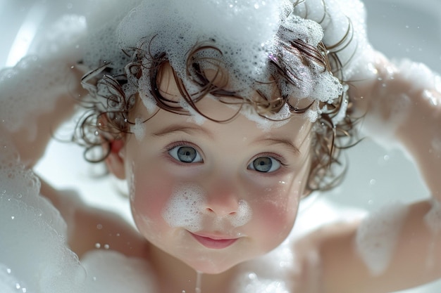 Uwielbiane dziecko z mydlą na włosach kąpiące się