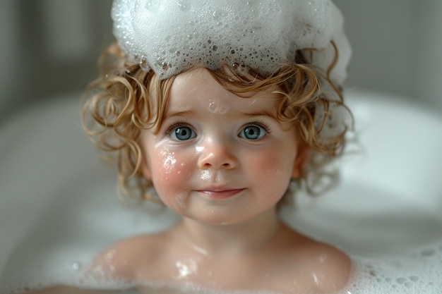 Uwielbiane dziecko z mydlą na włosach kąpiące się