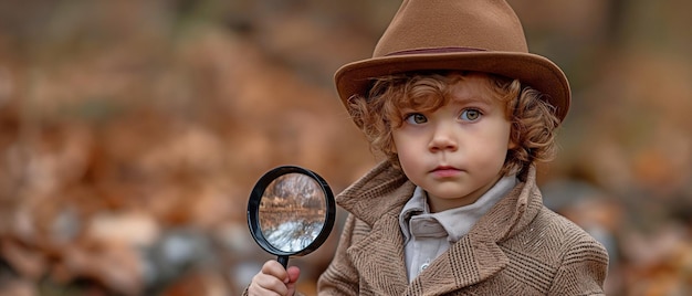 Zdjęcie uwielbiane małe dziecko trzymające szkło powiększające w brązowym płaszczu i czapce skoncentrowane dziecko na miejscu zbrodni szukające wskazówek