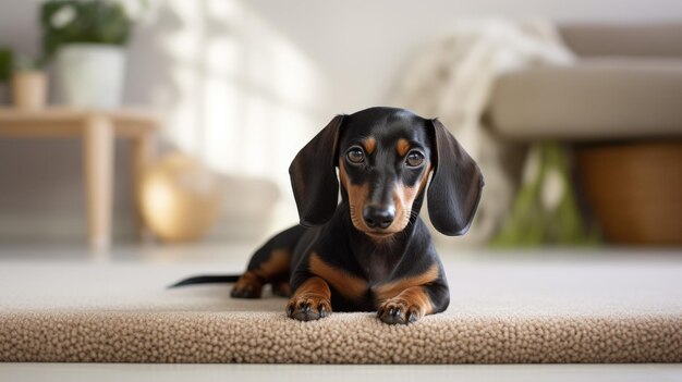 Zdjęcie uwielbiany dachshund spoczywa na dziewiczym białym dywanie w salonie