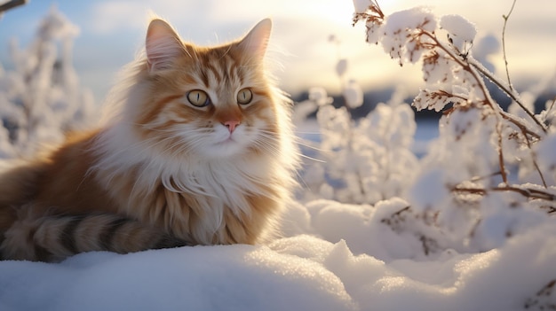 Uwielbiany ginger fluffy kot siedzący na śniegu w zimowym krajobrazie