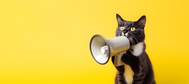 Uwielbiany kot domowy ogłasza za pomocą głośnika ręcznego Ogłaszające ogłoszenie ostrzegawcze