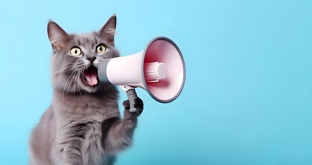 Uwielbiany kot domowy ogłasza za pomocą głośnika ręcznego Ogłaszające ogłoszenie ostrzegawcze