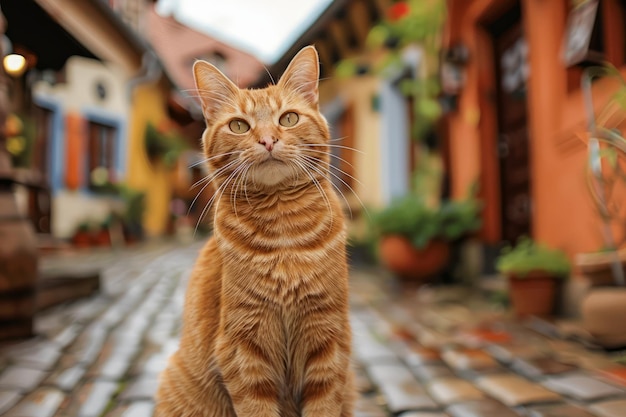 Uwielbiany kot Ginger pozujący na ulicy Cobblestone w dziwnym europejskim mieście