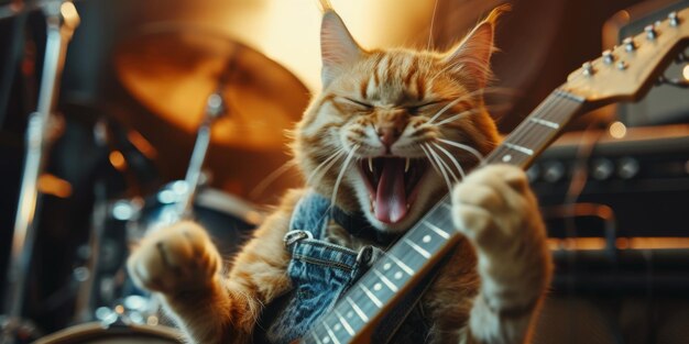 Zdjęcie uwielbiany kot pokazujący swój talent gwiazdy rocka z fenomenalnym występem glam metalu