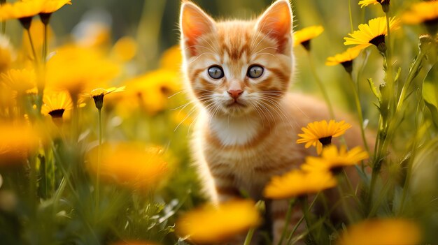 Uwielbiany kotek siedzący w kwiatach na trawie