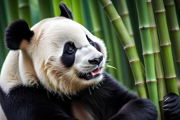 Zdjęcie uwielbiany niedźwiedź panda cieszy się świeżym bambusem w naturalnym środowisku lasu