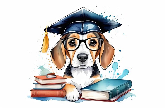 Uwielbiany pies beagle nosi graduowaną czapkę i pozuje z książkami ilustracją akwarelową