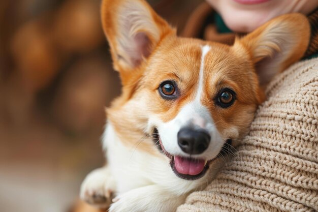 Uwielbiany pies Corgi patrzy na kamerę, gdy jest trzymany przez swojego właściciela w klinice weterynaryjnej Selective focus copyspace Temat opieki zdrowotnej dla zwierząt domowych