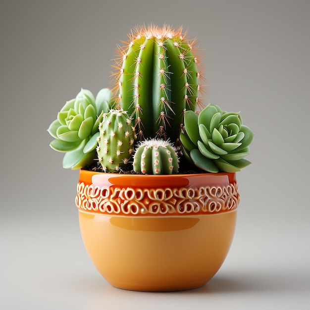 Uwielbiany pustynny urok urocza mini 3D kaktus roślina w garnku na białym tle