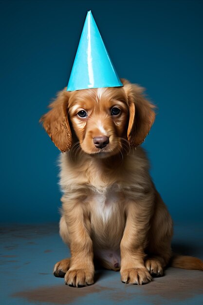 Uwielbiany smutny szczeniak noszący kapelusz imprezowy świętujący urodziny z przestrzenią do kopiowania