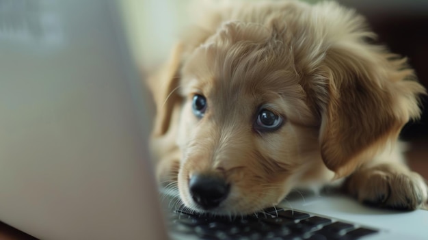 Uwielbiany szczeniak golden retriever z ciekawością patrzy na ekran laptopa symbolizujący sprytne zwierzęta domowe